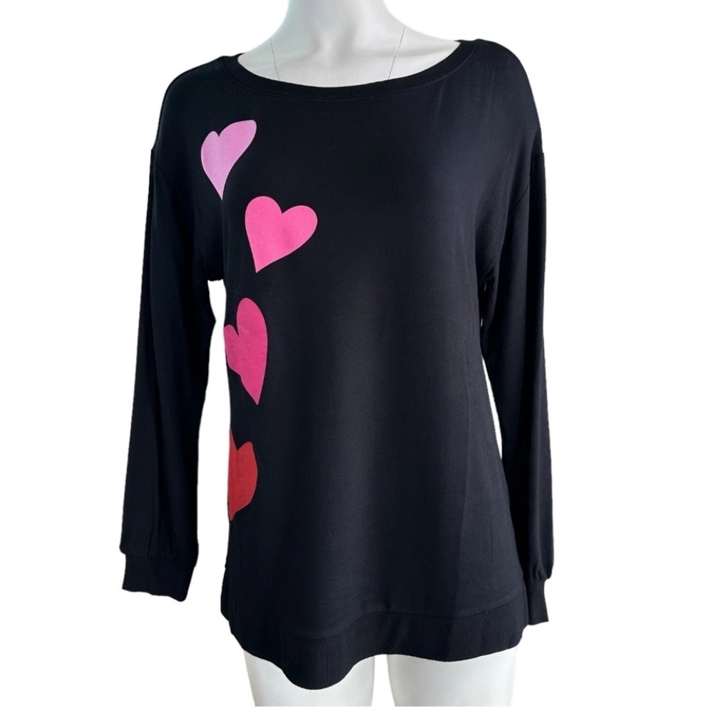 Colleen Lopez Black Long Sleeve Top XXS (Fits Like M) Heart Graphic Soft Stretch